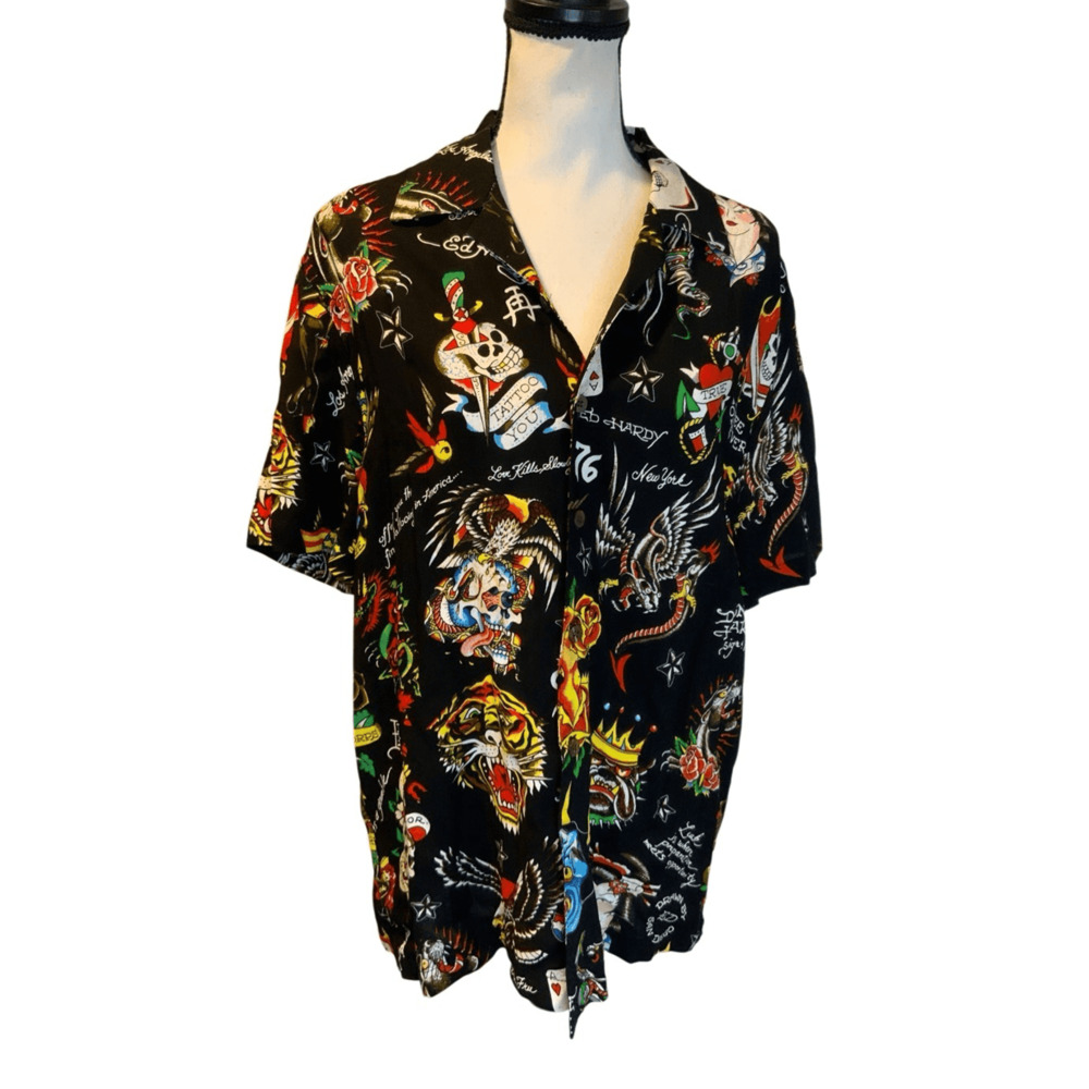 ED HARDY Button Up Shirt Tattoo Sz Small Skull Lion Tiger - Picture 9 of 9